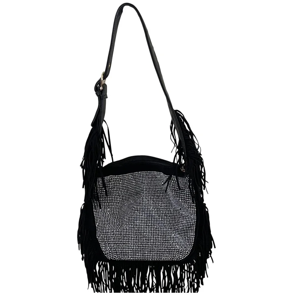 Faux Suede Fringe Rhinestone black Shoulder Bag boho tassels purse tote‎